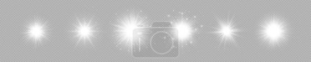 Illustration for Light effect of lens flares. Set of six white glowing lights starburst effects with sparkles on a grey transparent background. Vector illustration - Royalty Free Image