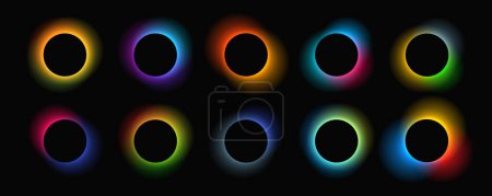 Illustration for Circle illuminate frame with gradient. Set of ten round neon banners isolated on black background. Vector illustration - Royalty Free Image