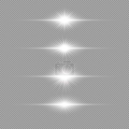 Illustration for Light effect of lens flares. Set of four white horizontal glowing light starburst effects with sparkles on a grey transparent background. Vector illustration - Royalty Free Image