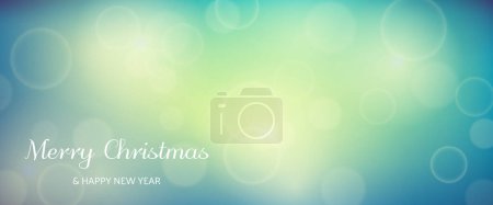Illustration for Christmas card featuring a blurred bokeh light effect green background with circular blur lights and the inscription Merry Christmas and Happy New Year. Vector illustration - Royalty Free Image
