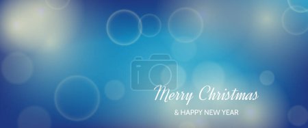 Téléchargez les illustrations : Carte de Noël avec un effet de lumière bokeh flou fond bleu avec des lumières floues circulaires et l'inscription Joyeux Noël et bonne année. Illustration vectorielle - en licence libre de droit