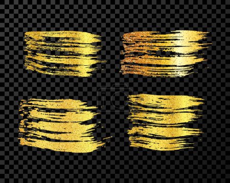 Illustration for Set of four gold brush strokes. Hand drawn ink spots isolated on dark transparent background. Vector illustration - Royalty Free Image