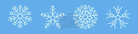 Téléchargez les illustrations : Snowflakes collection d'hiver. Ensemble de quatre flocons de neige blancs en style ligne sur fond bleu. Éléments de décoration de Noël et Nouvel An. Illustration vectorielle - en licence libre de droit