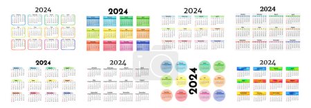 Ilustración de Conjunto de ocho calendarios para 2024 aislados sobre fondo blanco. De domingo a lunes, plantilla de negocios. Ilustración vectorial - Imagen libre de derechos
