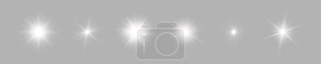 Lichteffekt von Linsenraketen. Set von sechs weißen leuchtenden Lichtern Starburst-Effekte mit Funkeln auf einem grauen transparenten Hintergrund. Vektorillustration