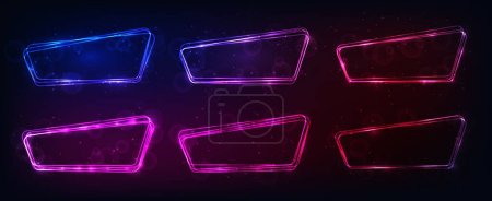 Illustration for Set of neon rounded frames with shining effects and sparkles on dark background. Empty glowing techno backdrop. Vector illustration - Royalty Free Image
