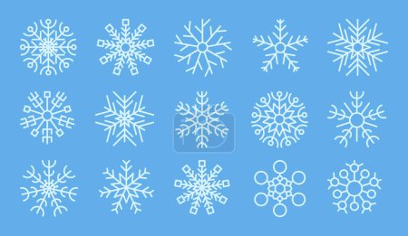 Illustration for Snowflakes winter collection. Set of fiveteen white snowflakes in line style on blue background. Christmas and New Year decoration elements. Vector illustration - Royalty Free Image