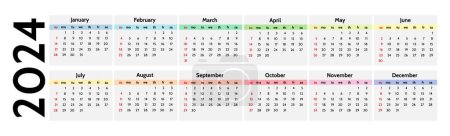 Illustration for Horizontal calendar for 2024 isolated on a white background. Sunday to Monday, business template. Vector illustration - Royalty Free Image