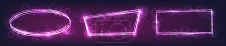 Illustration for Set of three neon frames with shining effects and sparkles on dark background. Empty glowing techno backdrop. Vector illustration - Royalty Free Image
