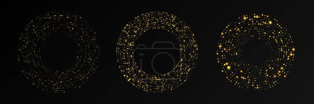 Illustration for Abstract gold glowing halftone dotted background. Set of three gold glitter patterns in circle form. Circle halftone dots. Vector illustration - Royalty Free Image