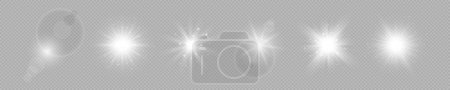 Ilustración de Efecto luminoso de las bengalas. Set de seis luces blancas resplandecientes con destellos sobre un fondo gris transparente. Ilustración vectorial - Imagen libre de derechos