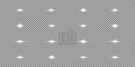 Illustration for Light effect of lens flares. Set of white horizontal glowing light starburst effects with sparkles on a grey transparent background. Vector illustration - Royalty Free Image