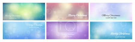 Ilustración de Conjunto de tarjetas navideñas con un fondo azul borroso efecto luz bokeh con luces difuminadas circulares y la inscripción Feliz Navidad y Feliz Año Nuevo. Ilustración vectorial - Imagen libre de derechos