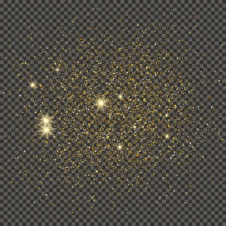 Téléchargez les illustrations : Gold glittering dust on a gray transparent background. Dust with gold glitter effect and empty space for your text.  Vector illustration - en licence libre de droit