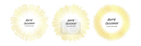 Téléchargez les illustrations : Ensemble de trois feux d'artifice en or avec inscription Joyeux Noël et Bonne Année. Explosion avec ligne rayons carte de Noël isolé sur fond blanc. Illustration vectorielle - en licence libre de droit