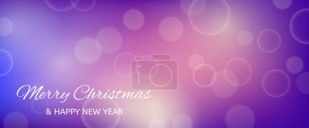 Téléchargez les illustrations : Carte de Noël avec un effet de lumière bokeh flou fond violet avec des lumières floues circulaires et l'inscription Joyeux Noël et bonne année. Illustration vectorielle - en licence libre de droit