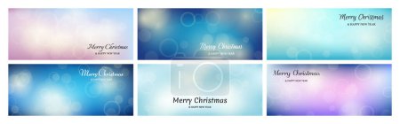 Téléchargez les illustrations : Ensemble de cartes de Noël avec un effet de lumière bokeh flou fond bleu avec des lumières floues circulaires et l'inscription Joyeux Noël et bonne année. Illustration vectorielle - en licence libre de droit