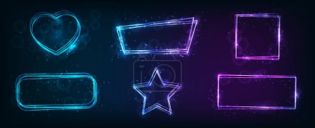 Illustration for Set of six neon frames in different geometric forms with shining effects and sparkles on dark background. Empty glowing techno backdrop. Vector illustration - Royalty Free Image
