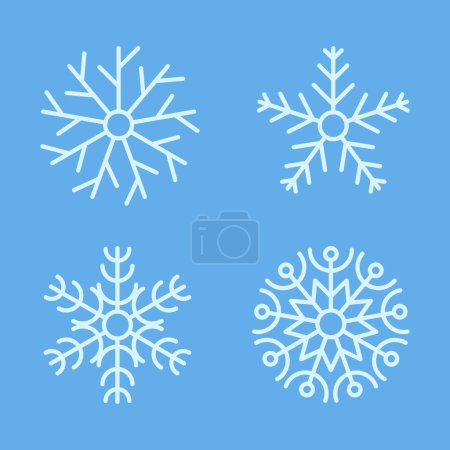 Téléchargez les illustrations : Snowflakes collection d'hiver. Ensemble de quatre flocons de neige blancs en style ligne sur fond bleu. Éléments de décoration de Noël et Nouvel An. Illustration vectorielle - en licence libre de droit
