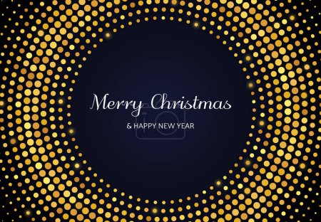 Illustration for Merry Christmas and Happy New Year of gold glitter pattern in circle form. Abstract gold glowing halftone dotted background for Christmas holiday greeting card on dark background. Vector illustration - Royalty Free Image