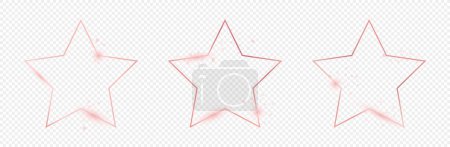 Illustration for Set of three rose gold glowing star shape frames isolated on transparent background. Shiny frame with glowing effects. Vector illustration - Royalty Free Image
