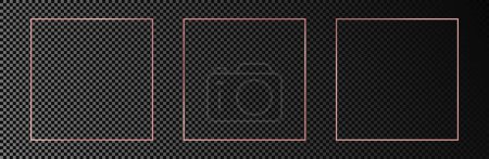 Illustration for Set of three rose gold glowing square frames isolated on dark transparent background. Shiny frame with glowing effects. Vector illustration - Royalty Free Image