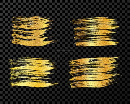 Illustration for Set of four gold brush strokes. Hand drawn ink spots isolated on dark transparent background. Vector illustration - Royalty Free Image