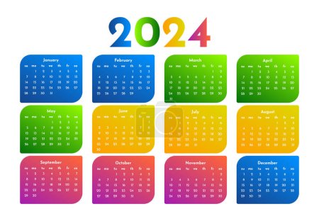Kalender für 2024 isoliert auf weißem Hintergrund. Sonntag bis Montag, Geschäftsvorlage. Vektorillustration
