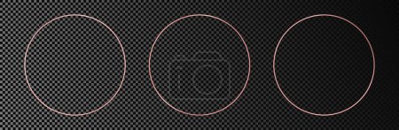 Illustration for Set of three rose gold glowing circle frames isolated on dark transparent background. Shiny frame with glowing effects. Vector illustration - Royalty Free Image