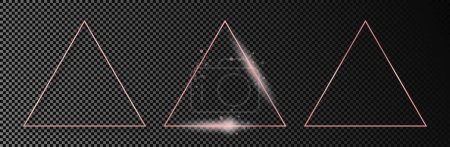 Téléchargez les illustrations : Ensemble de trois cadres triangulaires brillants en or rose isolés sur fond transparent foncé. Cadre brillant avec des effets lumineux. Illustration vectorielle - en licence libre de droit
