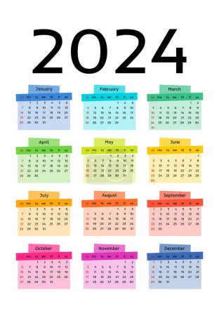 Téléchargez les illustrations : Calendar for 2024 isolated on a white background. Sunday to Monday, business template. Vector illustration - en licence libre de droit
