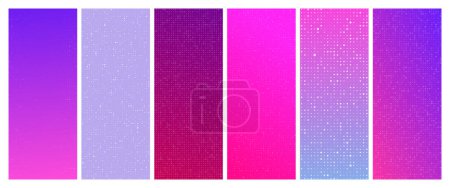 Téléchargez les illustrations : Ensemble de six décors géométriques dégradés violets avec carrés. Fond pixel avec espace vide. Illustration vectorielle - en licence libre de droit