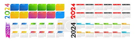 Illustration for Set of four horizontal calendars for 2024 isolated on a white background. Sunday to Monday, business template. Vector illustration - Royalty Free Image