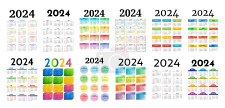 Illustration for Big set of calendars for 2024 isolated on a white background. Sunday to Monday, business template. Vector illustration - Royalty Free Image