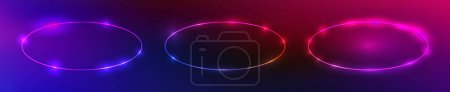 Illustration for Set of three neon oval frames with shining effects on dark purple background. Empty glowing techno backdrop. Vector illustration - Royalty Free Image