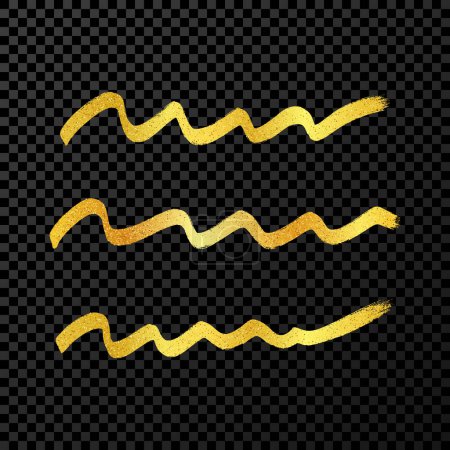 Illustration for Gold wavy grunge brush strokes. Set of three painted ink stripes. Ink spot isolated on dark transparent background. Vector illustration - Royalty Free Image