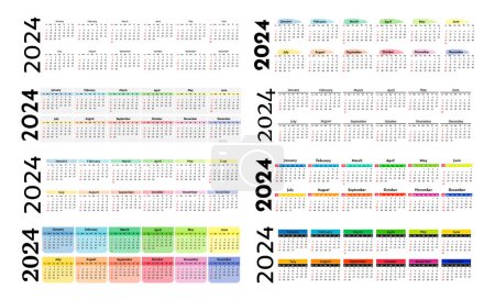 Ilustración de Conjunto de ocho calendarios horizontales para 2024 aislados sobre fondo blanco. De domingo a lunes, plantilla de negocios. Ilustración vectorial - Imagen libre de derechos