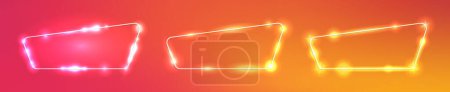 Téléchargez les illustrations : Ensemble de trois cadres néon avec des effets brillants sur fond orange. Fond techno étincelant vide. Illustration vectorielle - en licence libre de droit