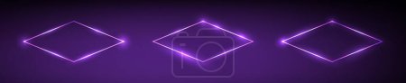 Illustration for Set of three neon rhombus frames with shining effects on dark purple background. Empty glowing techno backdrop. Vector illustration - Royalty Free Image
