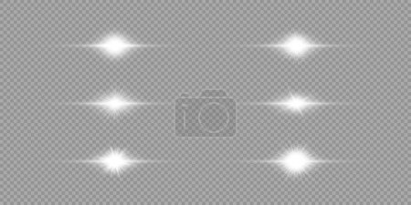 Illustration for Light effect of lens flares. Set of six white horizontal glowing light starburst effects with sparkles on a grey transparent background. Vector illustration - Royalty Free Image