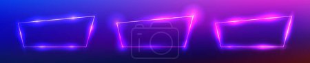 Illustration for Set of three neon rectangular frames with shining effects on dark purple background. Empty glowing techno backdrop. Vector illustration - Royalty Free Image