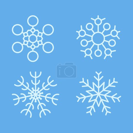Illustration for Snowflakes winter collection. Set of four white snowflakes in line style on blue background. Christmas and New Year decoration elements. Vector illustration - Royalty Free Image