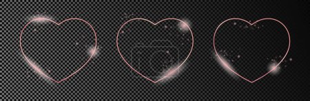 Illustration for Set of three rose gold glowing heart shapes isolated on dark transparent background. Shiny frame with glowing effects. Vector illustration - Royalty Free Image