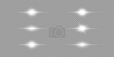 Illustration for Light effect of lens flares. Set of six white horizontal glowing light starburst effects with sparkles on a grey transparent background. Vector illustration - Royalty Free Image