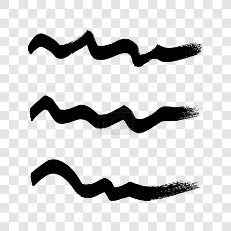 Illustration for Black wavy grunge brush strokes. Set of three painted ink stripes. Ink spot isolated on transparent background. Vector illustration - Royalty Free Image