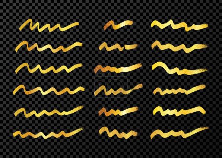 Illustration for Gold wavy grunge brush strokes. Big set of painted ink stripes. Ink spot isolated on dark transparent background. Vector illustration - Royalty Free Image