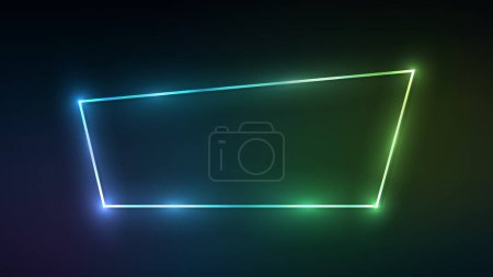 Illustration for Neon trapezoid frame with shining effects on dark green background. Empty glowing techno backdrop. Vector illustration - Royalty Free Image