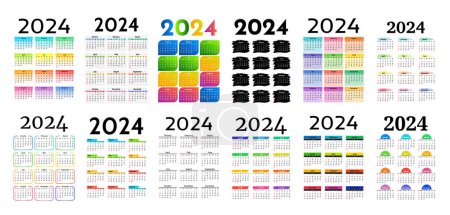 Ilustración de Gran conjunto de calendarios para 2024 aislados sobre un fondo blanco. De domingo a lunes, plantilla de negocios. Ilustración vectorial - Imagen libre de derechos