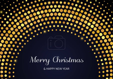 Illustration for Merry Christmas and Happy New Year of gold glitter pattern in circle form. Abstract gold glowing halftone dotted background for Christmas holiday greeting card on dark background. Vector illustration - Royalty Free Image