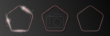 Illustration for Set of three rose gold glowing rounded pentagon shape frames isolated on dark transparent background. Shiny frame with glowing effects. Vector illustration - Royalty Free Image